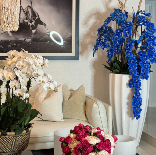 San Jose Planter in White with Cascading Blue Orchids