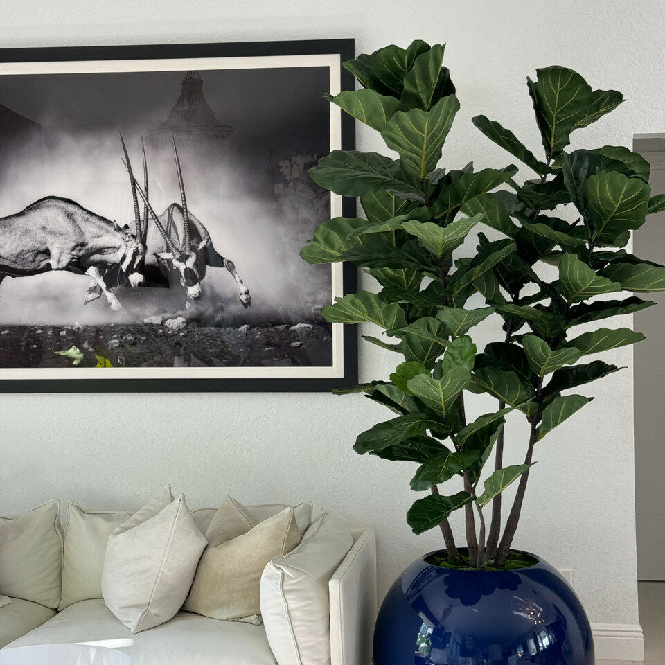30″ Blue  Globe Planter with Fiddle Tree
