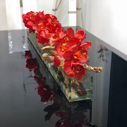 48″ Casa Moderna glass plate planter with red Cymbidiums
