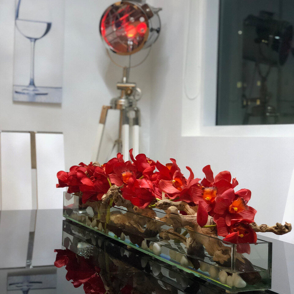 48″ Casa Moderna glass plate planter with red Cymbidiums