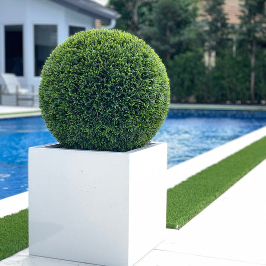 Medium Block Fiberglass Planter with 20″ Topiary