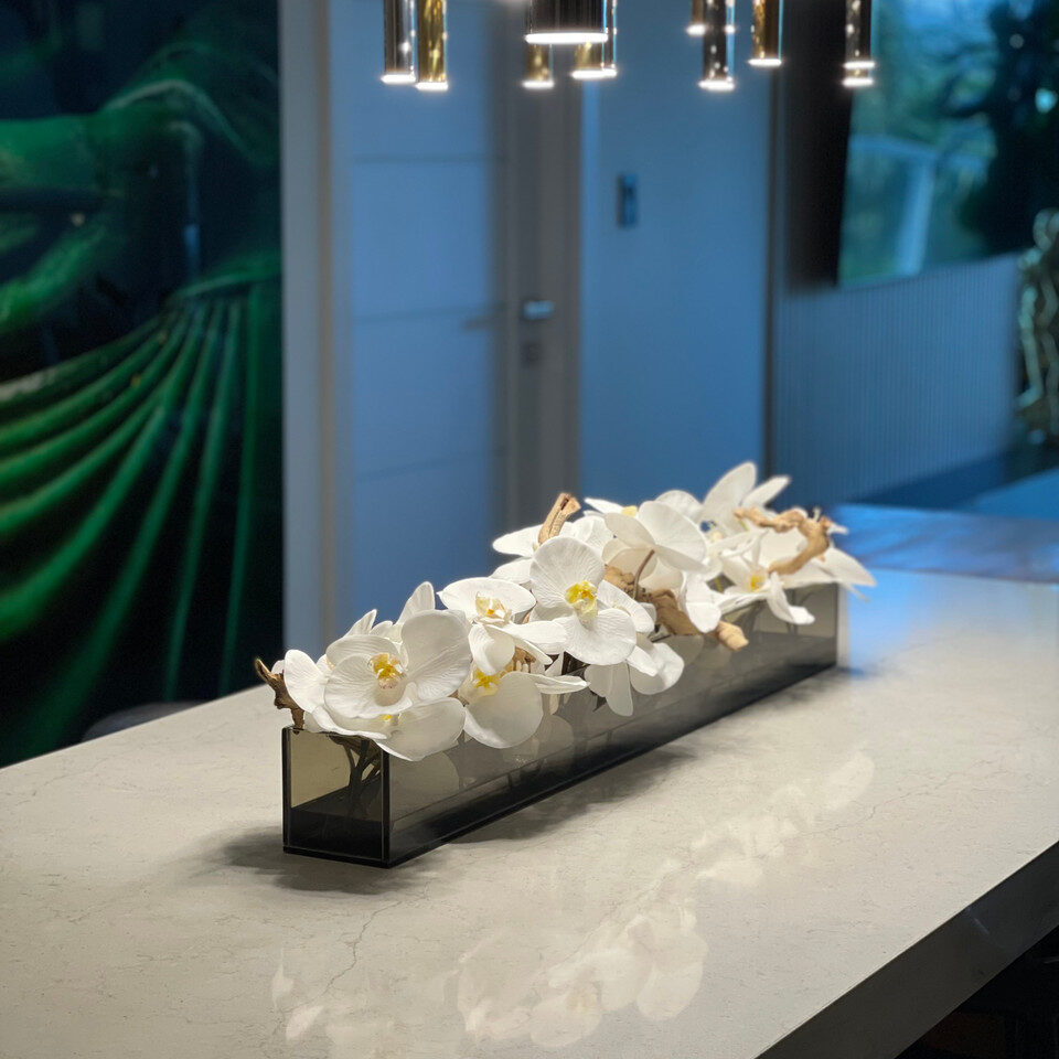 48″ Casa Moderna Black Tinted Glass Plate Planter with white Phalaenopsis orchids