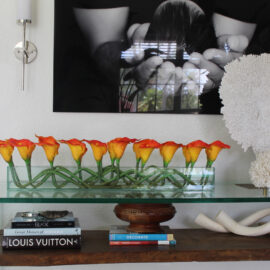 36″ Casa Moderna glass plate planter with mango callas